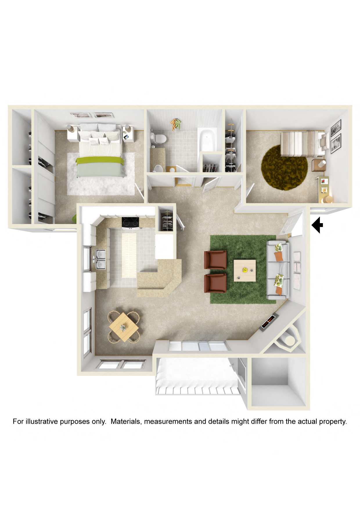 Floor plan for 2 beds, 1 bath, 887 sqft